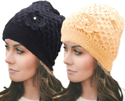 TRUE INDIAN Woven, Self Design Beanie Cap(Pack of 2)
