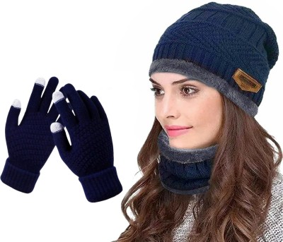 Highever women's winter woolen beanie neck warmer and touchscreen gloves set for Girl's Beanie Cap(Pack of 3)