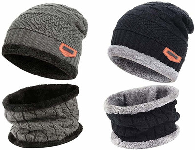 VISHAL_Co Solid, Self Design Beanie Cap(Pack of 2)