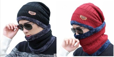 EDENSCOPE Woven, Solid, Self Design Beanie Cap(Pack of 2)