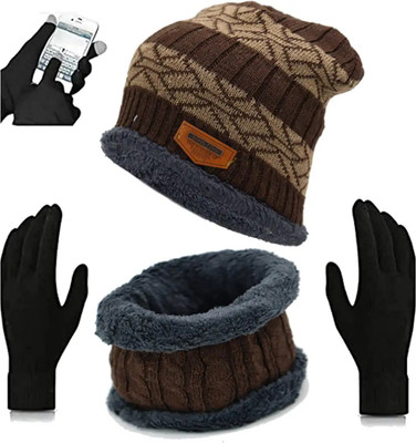 Highever Winter Woolen Beanie neck warmer and Touchscreen Gloves set for men and women Beanie Cap(Pack of 3)