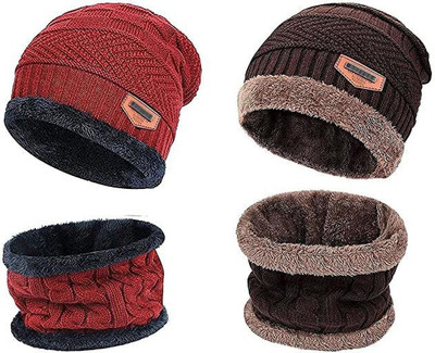 Mom Enterprises Woven, Self Design Beanie Cap(Pack of 2)