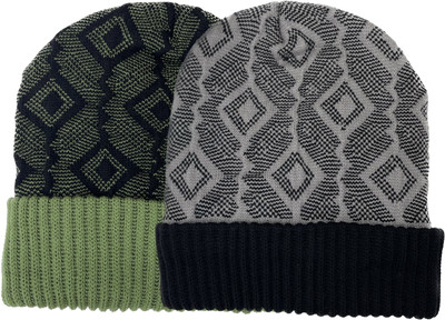 Wool N Fool Woven, Self Design Beanie Cap(Pack of 2)