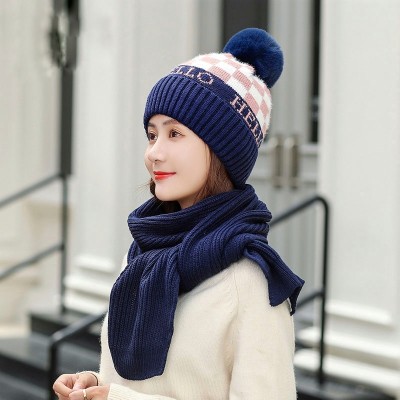 Highever Stylish warm soft fur inside attach with scarf earflap pom-pom women winter cap Woven Beanie Cap