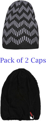 LOOM LEGACY Self Design, Printed Beanie Cap(Pack of 2)