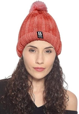 SYGA Cap Letter B Winter Hat for Women Faux Fur Bobble Pom Pom Cap Pack of 1 Free Size-Pink Beanie Cap