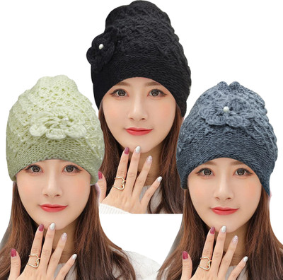COOL INDIANS Solid, Self Design, Woven Skull Cap Cap(Pack of 3)