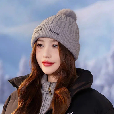 Winity eyelid embroidery(soft warm cotton inside Korean style) winter cap for women Woven Beanie Knitted Cap