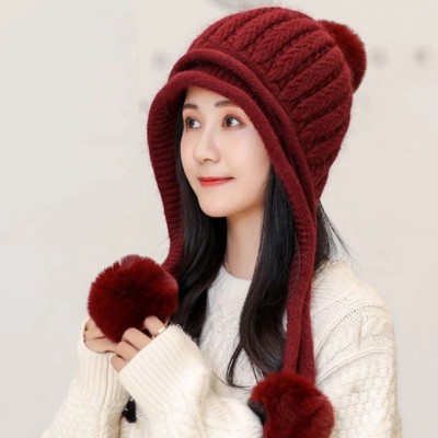 Highever Cute warm soft fur inside with earflap three pom-pom knitted women winter cap Woven Beanie Cap