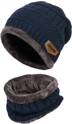 Niavaa Woven, Solid, Self Design Beanie Cap(Pack of 2)