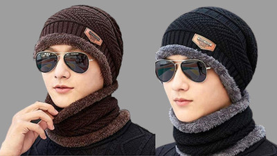 CLASSYMAESSI Self Design Beanie Cap(Pack of 2)