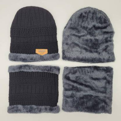 U UZAN Woven, Solid, Self Design Beanie Cap(Pack of 2)