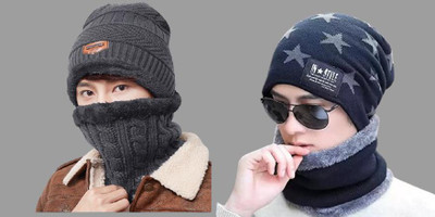 Relieco Self Design Beanie Cap(Pack of 2)