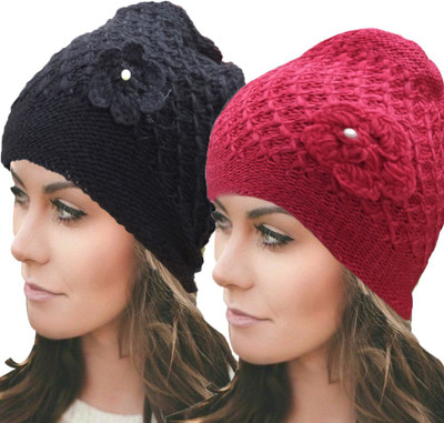 TRUE INDIAN Woven, Self Design Beanie Cap(Pack of 2)