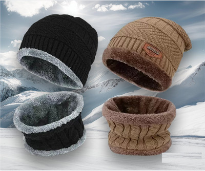 M John's Solid, Self Design, Woven Beanie Cap(Pack of 2)
