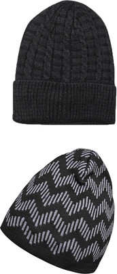 LOOM LEGACY Self Design Beanie Cap(Pack of 2)