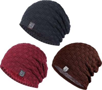 Evanden Self Design, Solid, Woven Beanie Cap(Pack of 3)