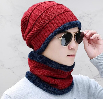 EMPOISON Solid, Woven, Self Design Beanie Cap
