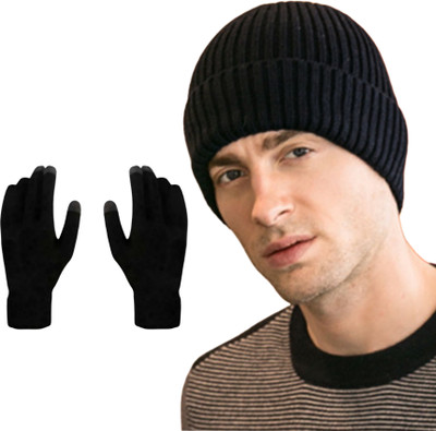 REFFER Knitted woolen fabric touch gloves and double layers stylish winter cap for men Woven Beanie Cap