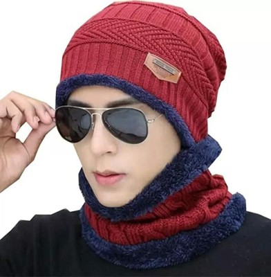 Zonkar Unisex Red Woolen Beanie Cap with Scarf Warm Snow Proof Premium High Quality Beanie Cap