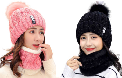 Highever Combo Woolen Beanie Caps with Scarf Set soft Warm fur Lining for girls|Women Beanie Cap(Pack of 2)