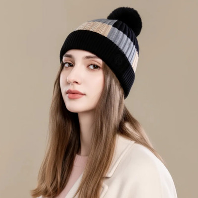 Highever Pastel tones pattern (soft warm fur inside pom-pom on top) winter caps for women Woven Beanie Cap
