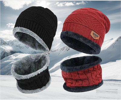 M John's Solid, Self Design, Woven Beanie Cap(Pack of 2)