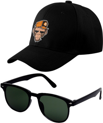 KiwiCaves Combo Of 1 Solid Black Sports Regular Cap And 1 Green Wayfarer Goggle Sunglasses Sports/Regular Cap Cap(Pack of 2)