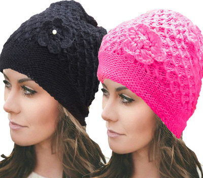 TRUE INDIAN Woven, Self Design Beanie Cap(Pack of 2)