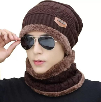 Zonkar Unisex Brwon Woolen Beanie Cap with Scarf Warm Snow Proof Premium High Quality Beanie Cap