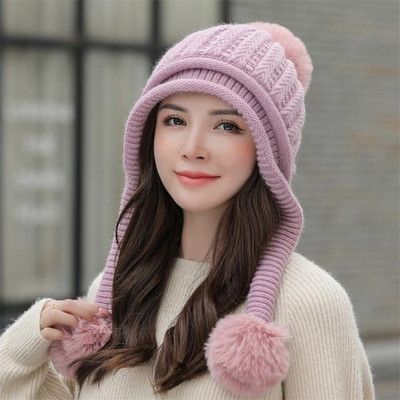 Highever Cute warm soft fur inside with earflap three pom-pom knitted women winter cap Woven Beanie Cap
