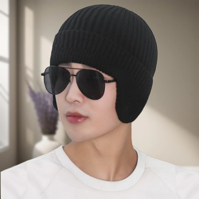 Winity Earflap soft warm Knitted fabric double layers stylish winter cap for men Woven Beanie Cap