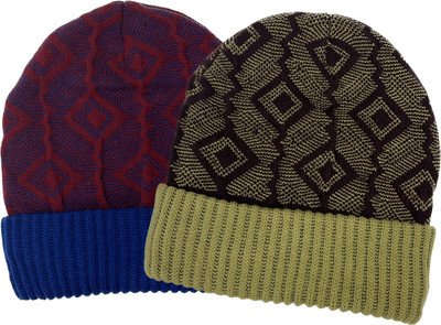 Wool N Fool Woven, Self Design Beanie Cap(Pack of 2)