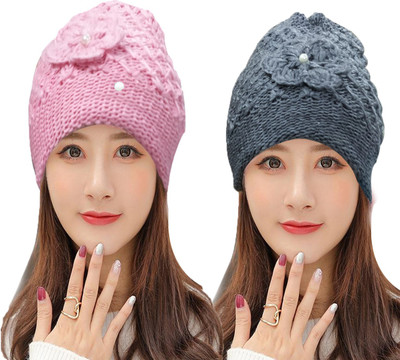 TRUE INDIAN Self Design, Solid Beanie Cap(Pack of 2)