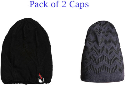 LOOM LEGACY Self Design, Printed Beanie Cap(Pack of 2)