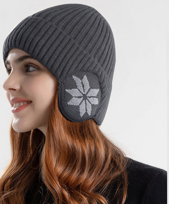Highever cute stylish women woolen cap with Earflap soft warm Knitted fabric double layer Woven Beanie Cap