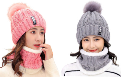 Highever Combo Woolen Beanie Caps with Scarf Set soft Warm fur Lining for girls|Women Beanie Cap(Pack of 2)