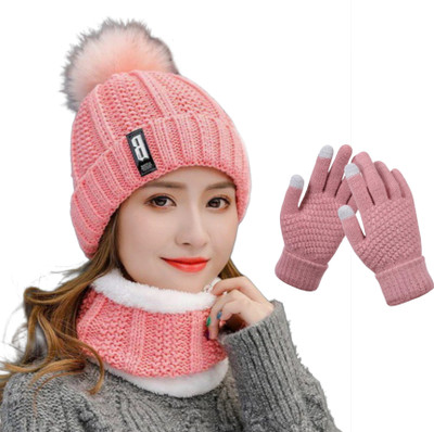 Highever women's winter woolen neck warmer and touchscreen gloves set for Girl's Beanie Cap(Pack of 3)