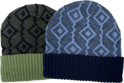 Wool N Fool Woven, Self Design Beanie Cap(Pack of 2)