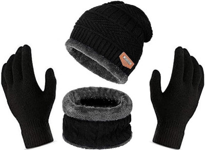 VONITY Solid, Striped, Self Design, Woven Beanie Cap(Pack of 3)