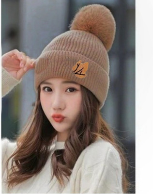 Highever Women's stylish winter woolen cap soft warm fur inside pom-pom on top for girls Woven Beanie Cap