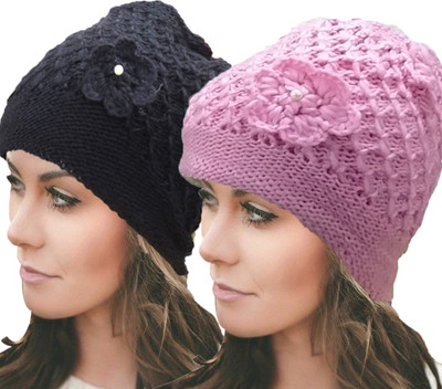 TRUE INDIAN Woven, Self Design Beanie Cap(Pack of 2)