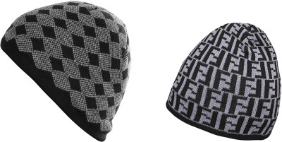 SFAB Self Design, Printed Beanie Cap(Pack of 2)