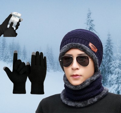 REFFER Winter Woolen cap neck warmer (Fur Inside) &Touchscreen Gloves set for men women Beanie Cap