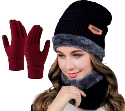 Highever women's winter woolen caps neck warmer and touchscreen gloves set for Woven Beanie Cap