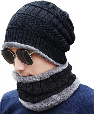EMPOISON Solid, Woven, Self Design Beanie Cap