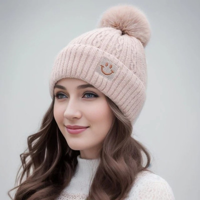Winity Cute woolen warm ( soft warm fur inside pom-pom on top ) winter caps for women Woven Beanie Cap