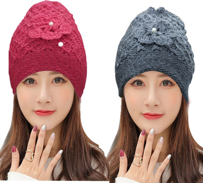 TRUE INDIAN Self Design, Solid Beanie Cap(Pack of 2)