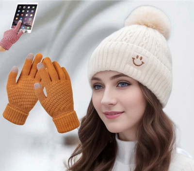 Winity winter woolen smiley caps ( Fur inside ) touchscreen gloves set for girls Woven Beanie Cap(Pack of 2)