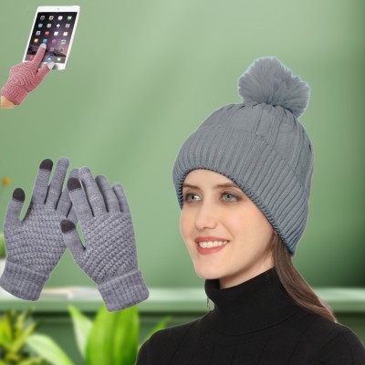 REFFER Latest Winter Woolen Beanie and Touchscreen Gloves set for women and girls Beanie Cap(Pack of 2)